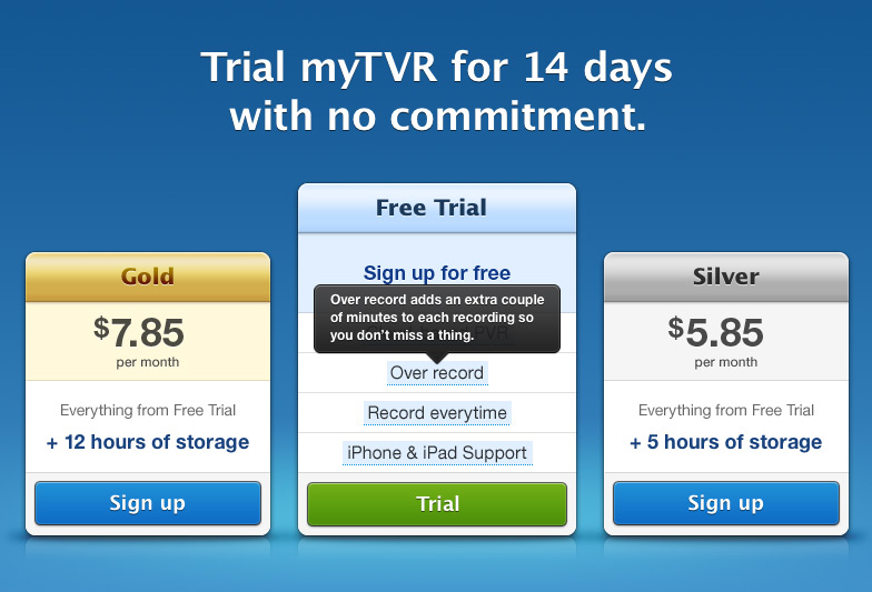Desktop Sign Up The sign up page offers a clear comparison of plans. More information is available when hovering over or tapping the highlighted text.