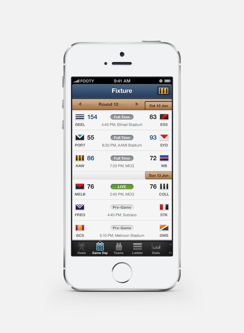 League ladder and match statistics